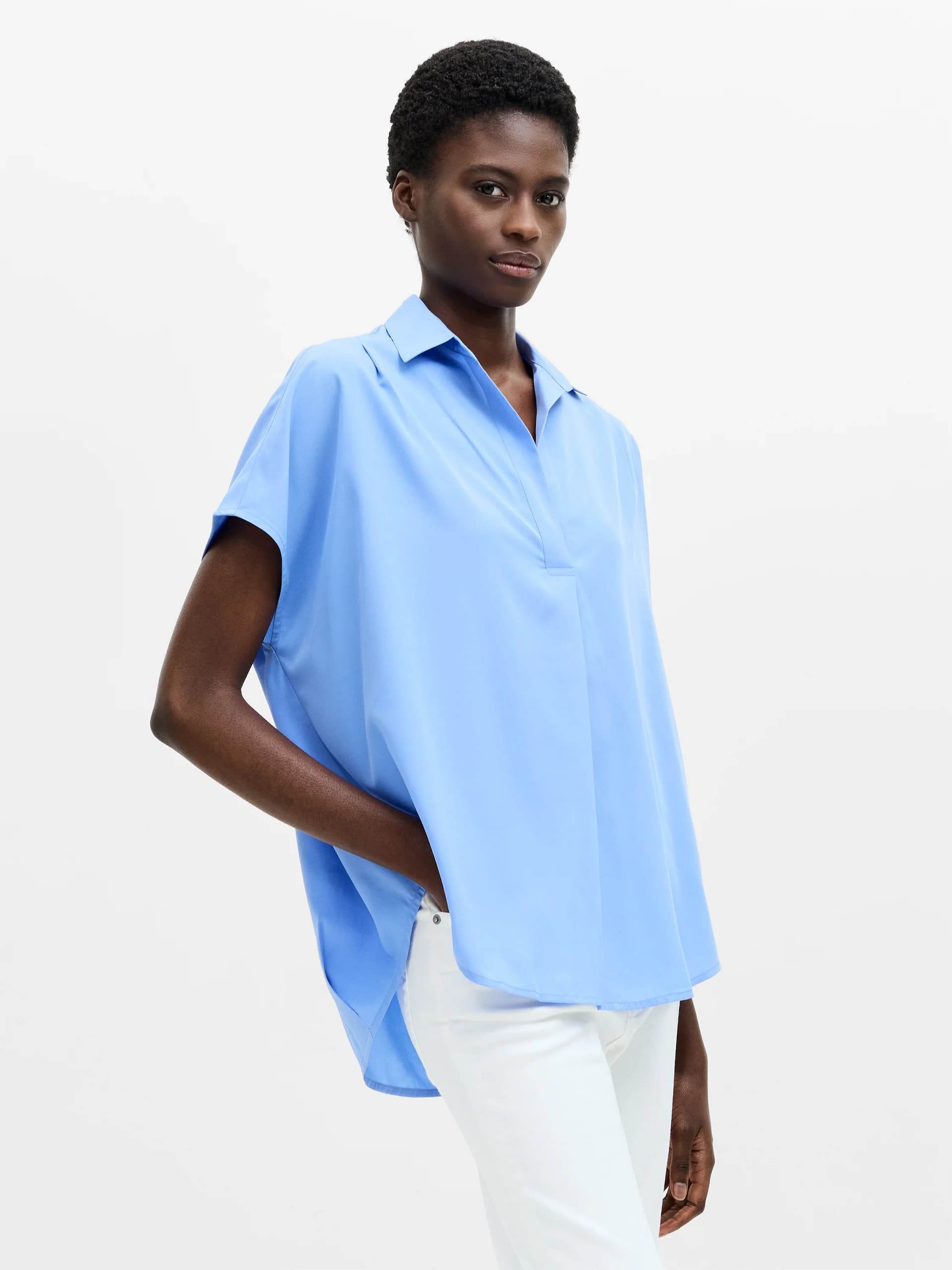 French Connection Crepe Light Cap Sleeve Popover Shirt Cornflower Blue