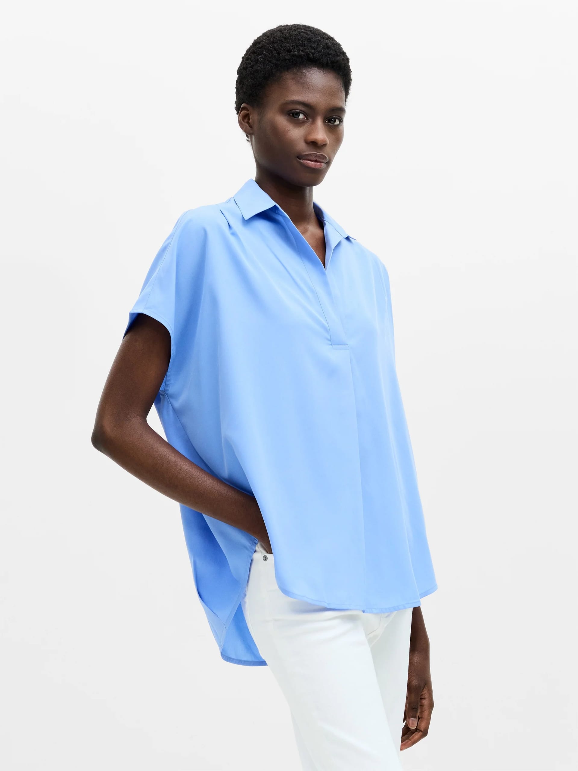 French Connection Cornflower Blue Crepe Light Cap Sleeve Shirt