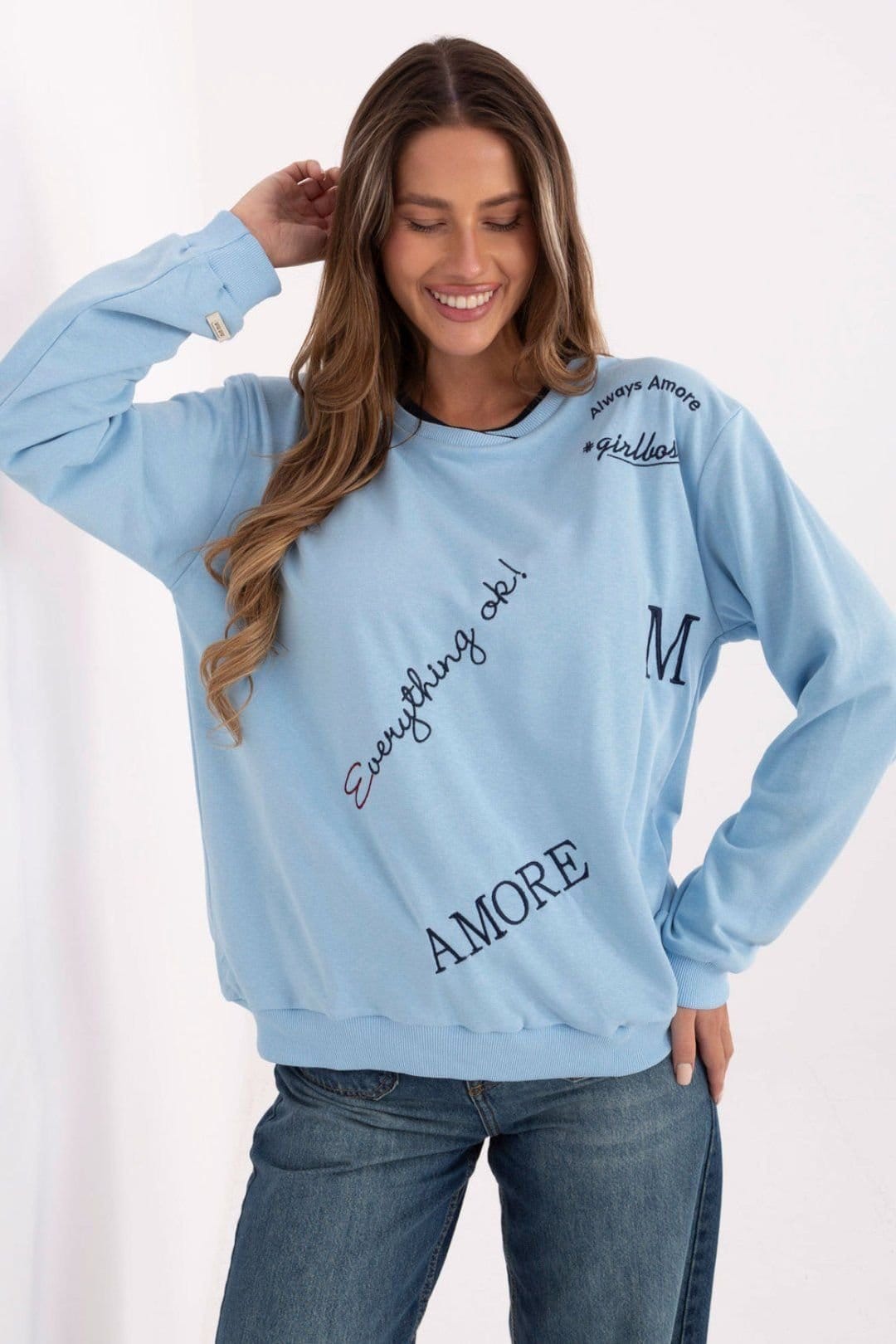 Love Lace Blue Embroidered Crew Sweatshirt