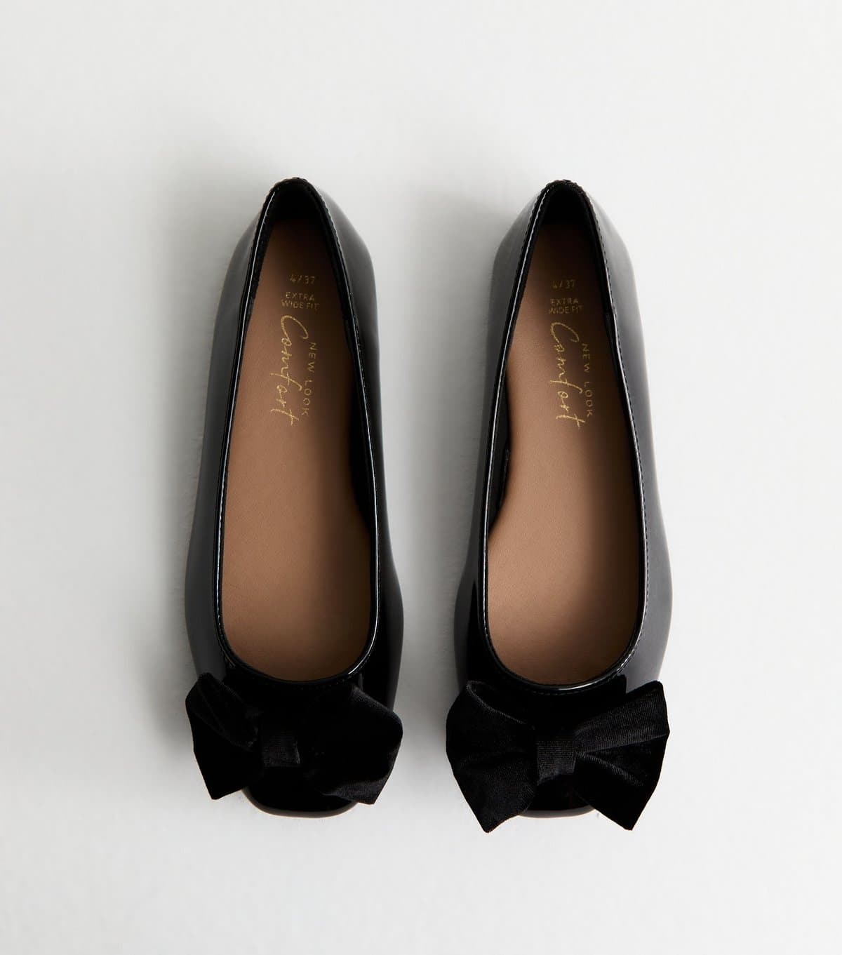 New Look Women's Extra Wide Fit Black Bow Front Faux Patent Ballerina Flats Vegan New Look