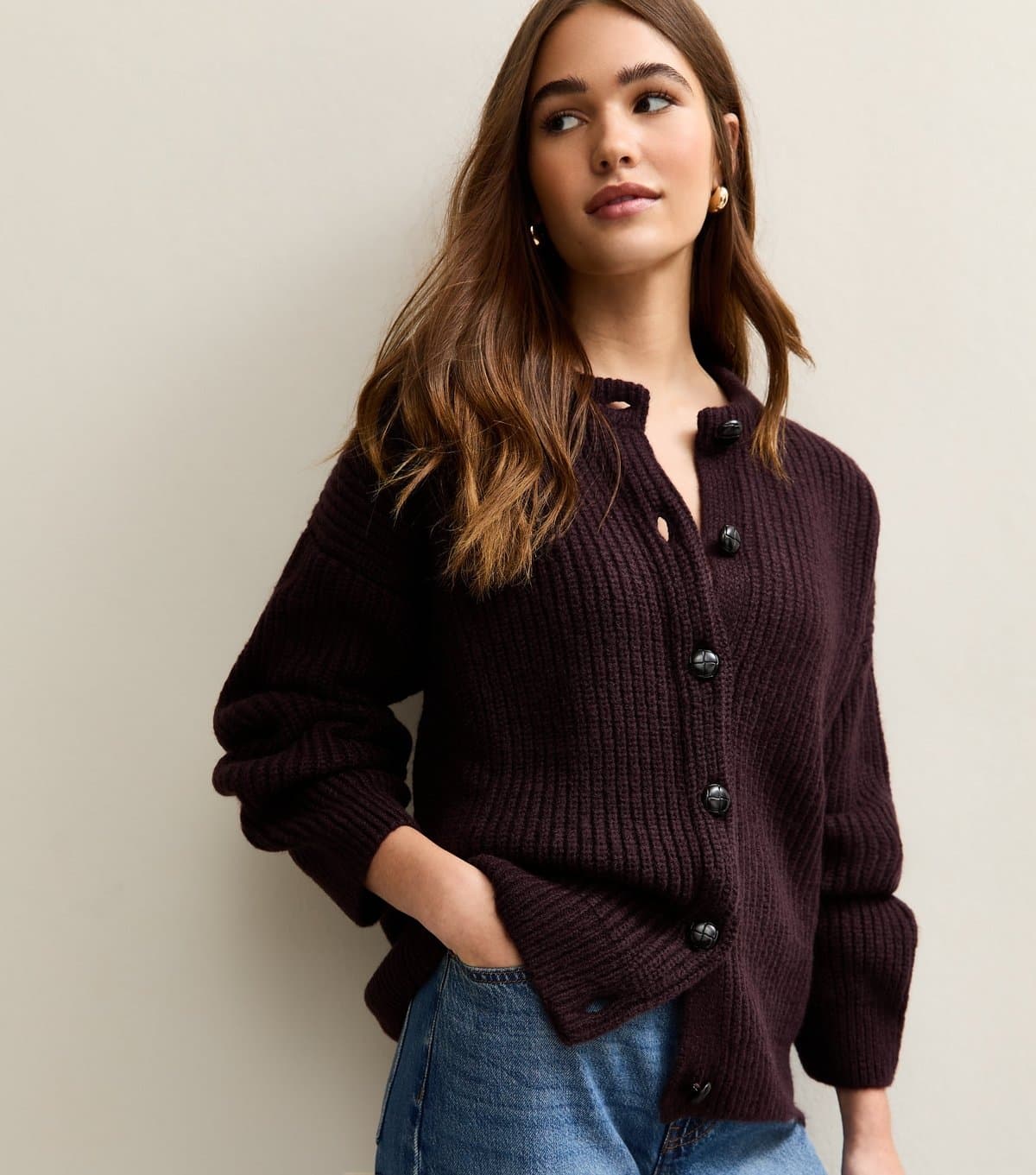 New Look Women's Dark Purple Rib Knit Cardigan New Look