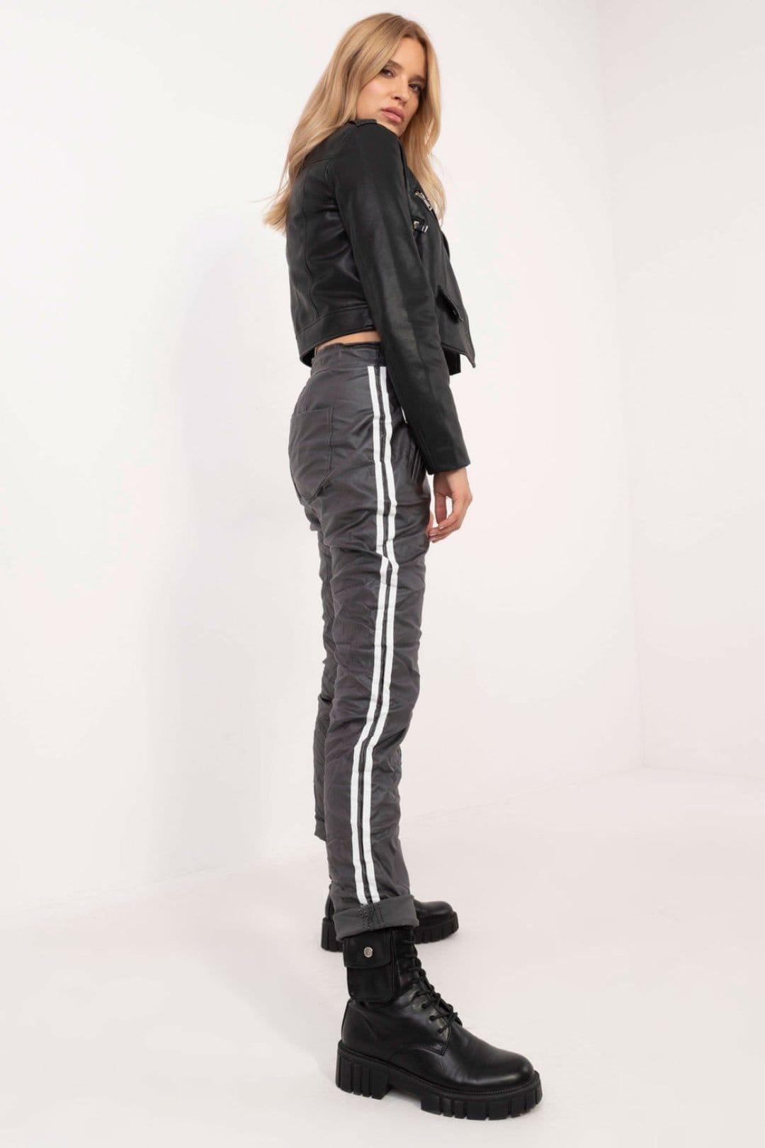 Love Lace Love Lace Women's High Rise Tapered Pants with Piping in Grey - 4