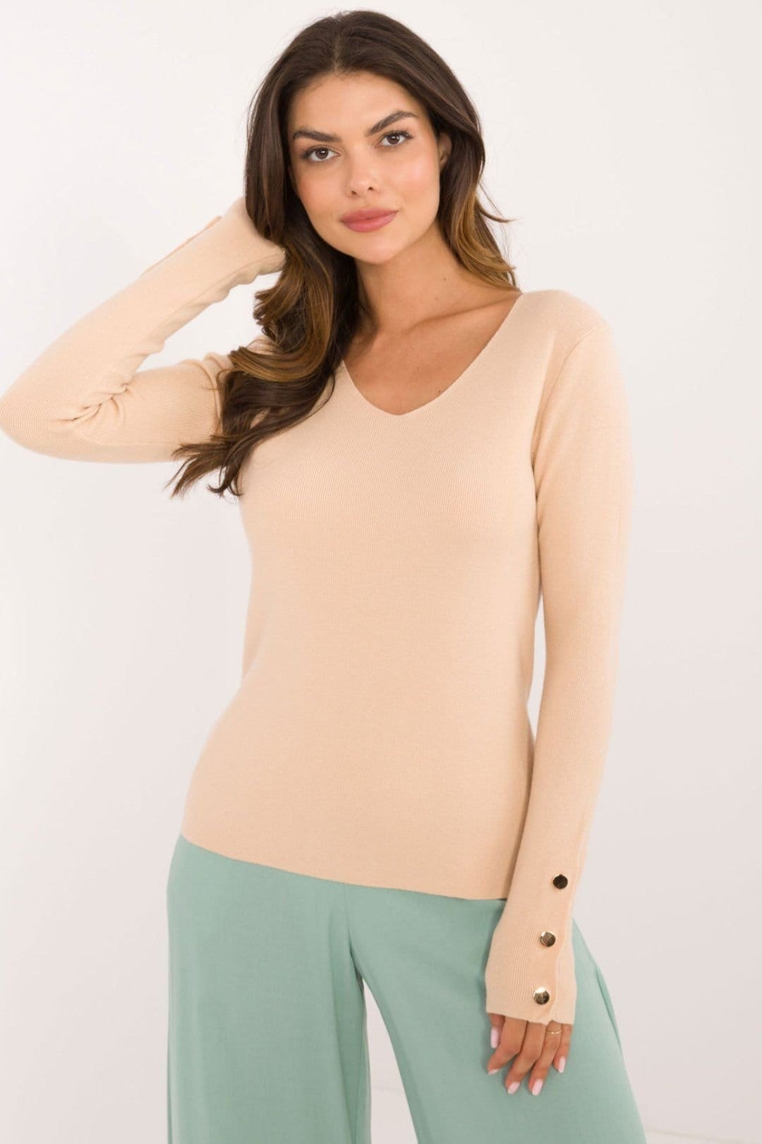 Love Lace Beige V-Neck Long Sleeve Button Cuff Casual Sweater