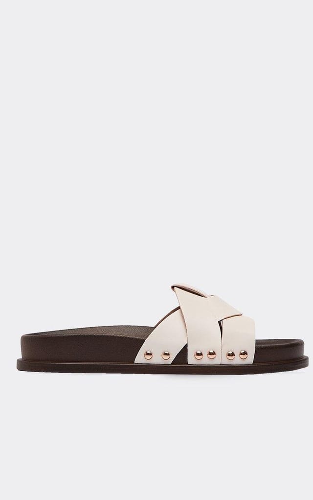 EGO Rhoss Stud Detail Woven Strap Flat Slider Sandal In White Faux Suede, Women's Size UK 3 - 2