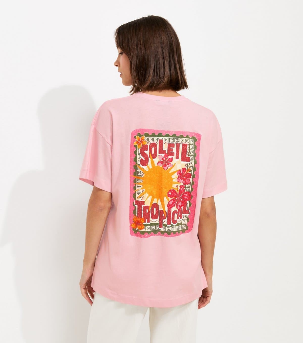 New Look Women's Light Pink Soleil Tropical Stamp Print Oversized T-Shirt New Look