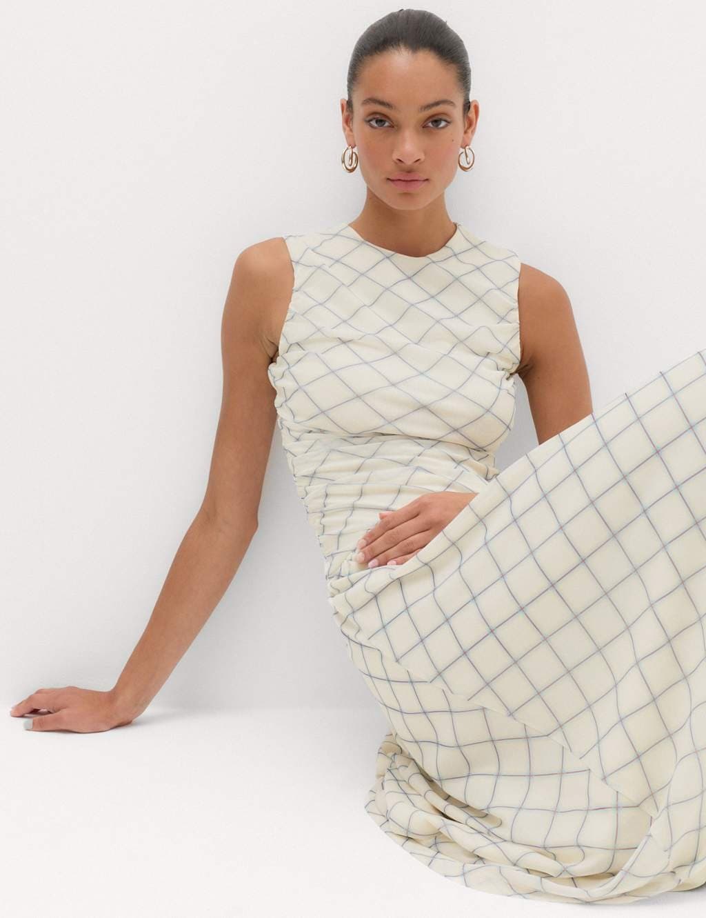 Marks & Spencer M&S Mesh Checked Midi Dropped Waist Dress Cream Mix