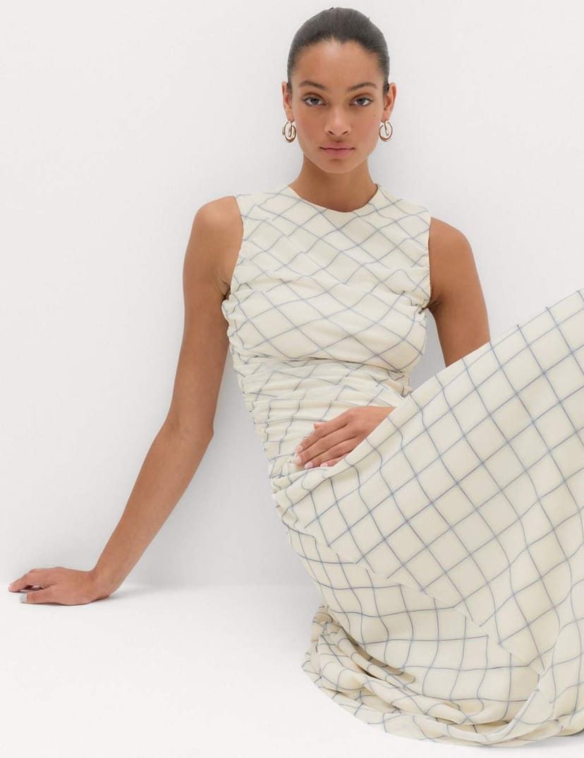 Marks & Spencer M&S Mesh Checked Midi Dropped Waist Dress Cream Mix - 1