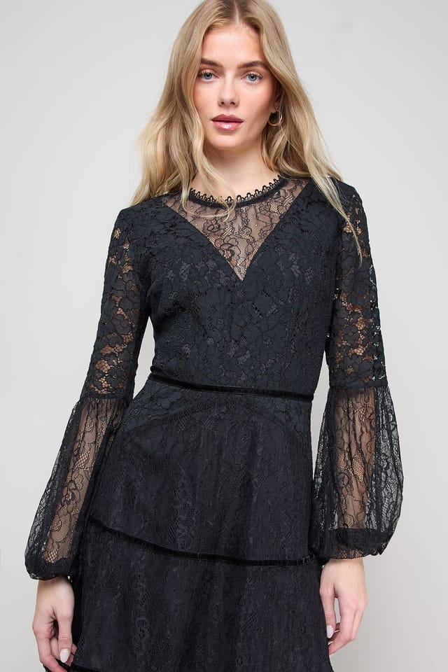 Oasis Oasis Women's Mesh Lace Mix Balloon Sleeve Mini Skater Dress in Black - 2