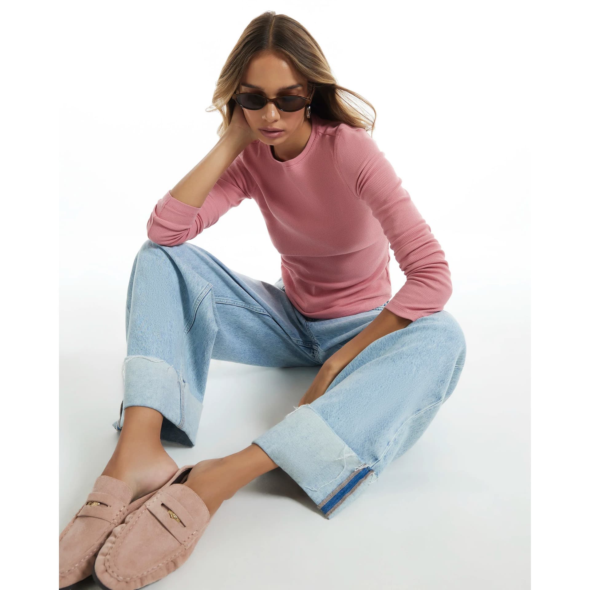 River Island River Island Womens Pink Long Sleeve Rib Baby Tee T-Shirt