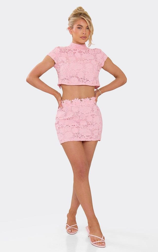 EGO Low Rise Mini Skirt In Pink Floral Texture, Women's Size UK 6 - 2