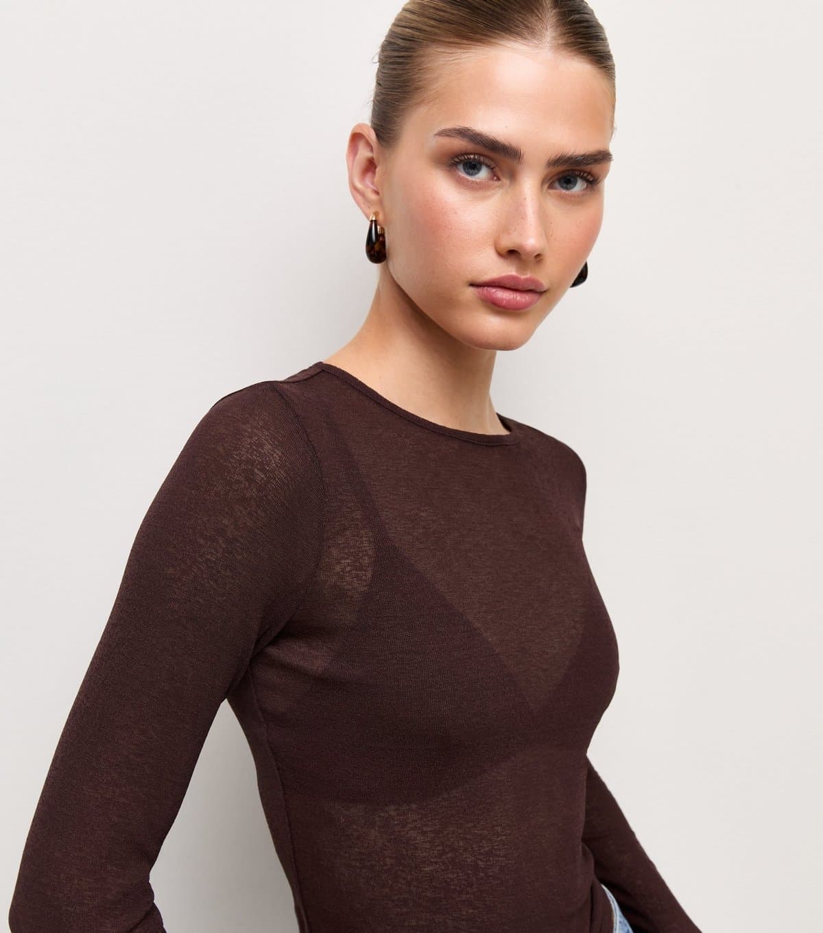 New Look Women's Dark Brown Semi Sheer Jersey Long Sleeve Crew Neck Top New Look