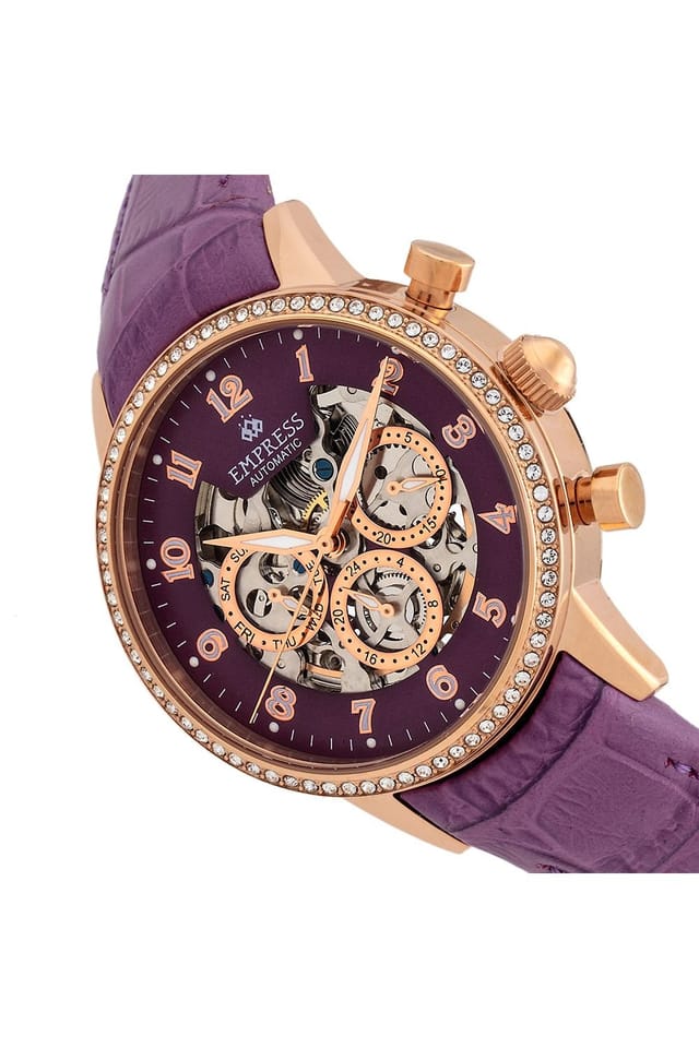 Empress Empress Women's Beatrice Automatic Skeleton Dial Leather-Band Watch with Day & Date in Purple - 3