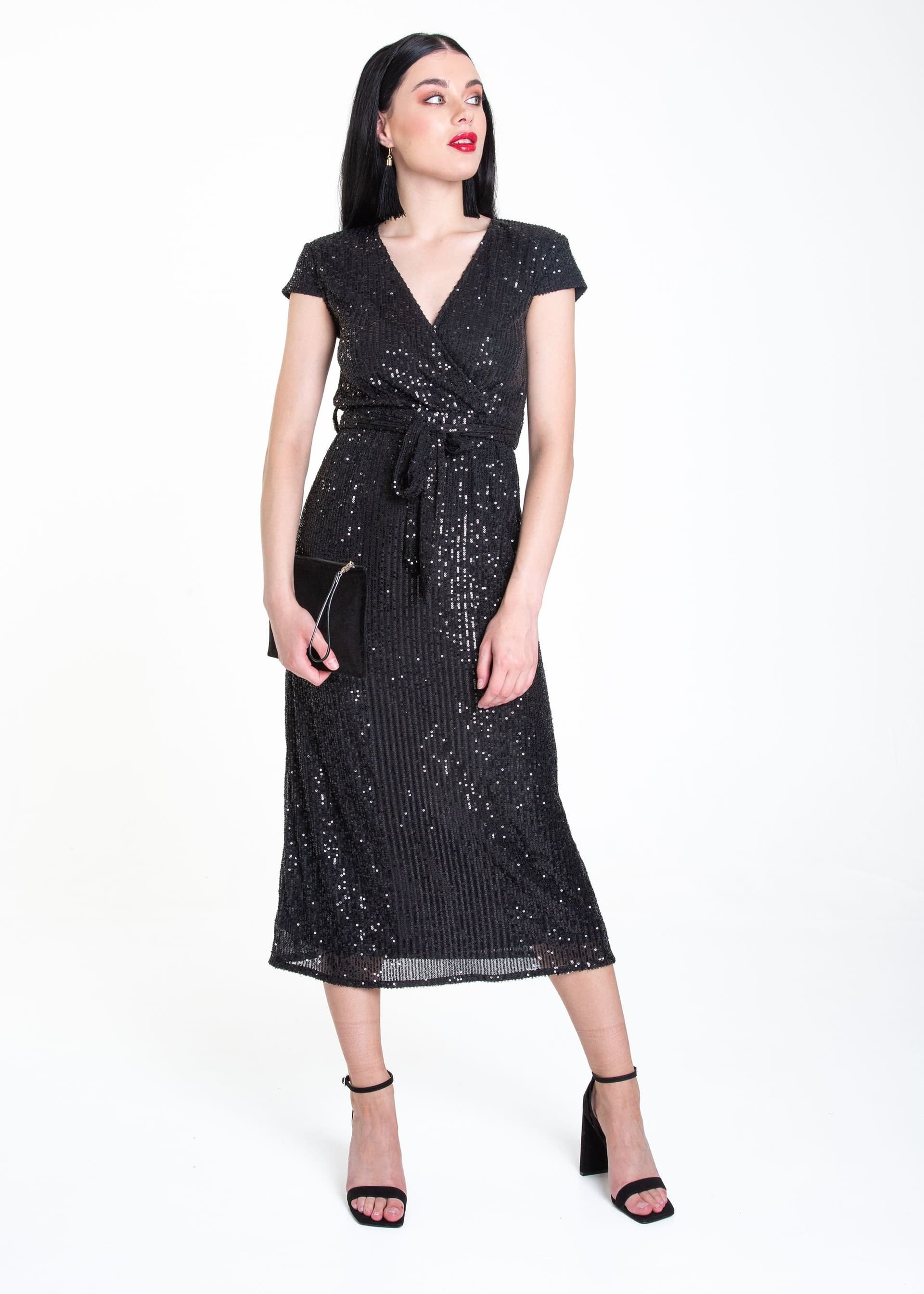 Gini London Gini London Women's Black Sequin Belted Midi Wrap Dress