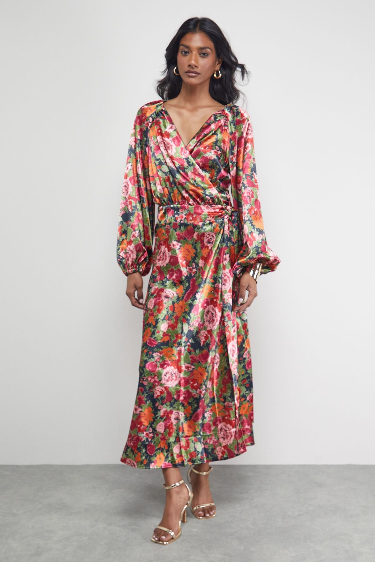 Warehouse Warehouse Women's Satin Tie Waist Wrap Ruffle Tier Maxi Dress in Floral - 2