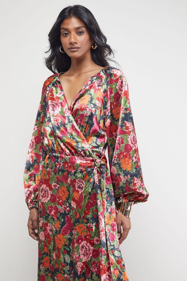 Warehouse Warehouse Women's Satin Tie Waist Wrap Ruffle Tier Maxi Dress in Floral - 2