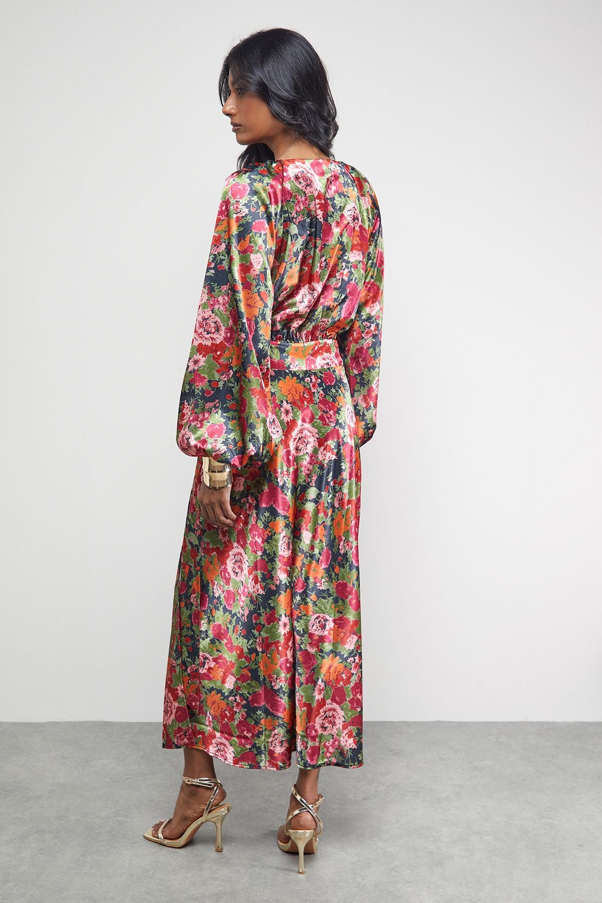 Warehouse Warehouse Women's Satin Tie Waist Wrap Ruffle Tier Maxi Dress in Floral - 3