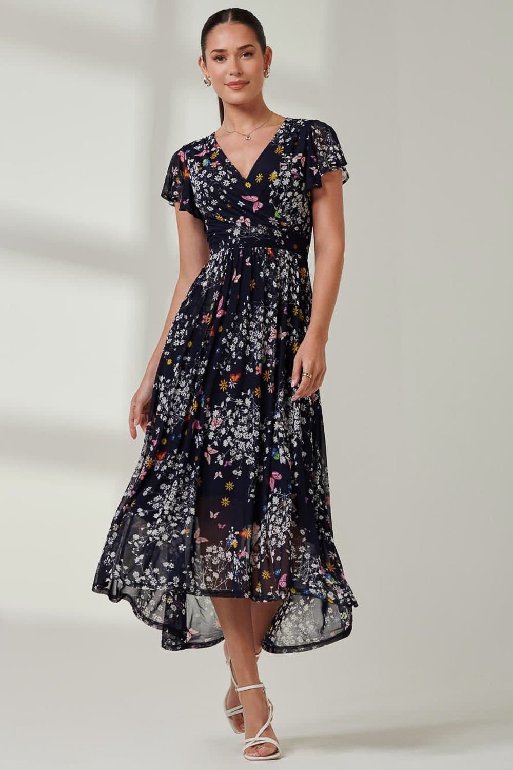 Jolie Moi Jolie Moi Women's Wrap Dip Hem Mesh Maxi Dress in Dark Navy