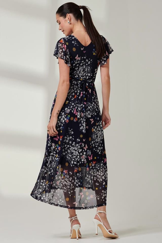 Jolie Moi Jolie Moi Women's Wrap Dip Hem Mesh Maxi Dress in Dark Navy - 2