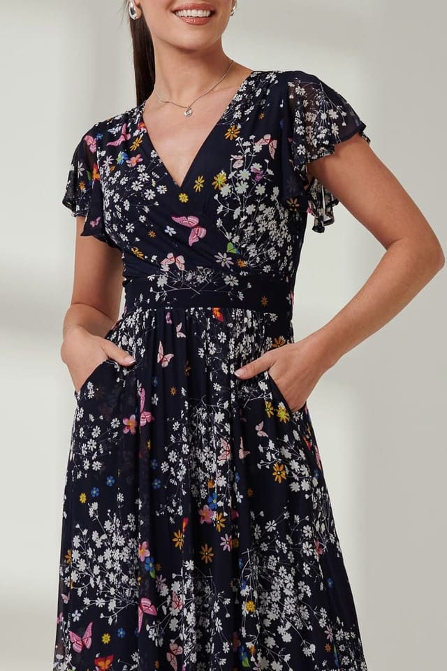 Jolie Moi Jolie Moi Women's Wrap Dip Hem Mesh Maxi Dress in Dark Navy - 3