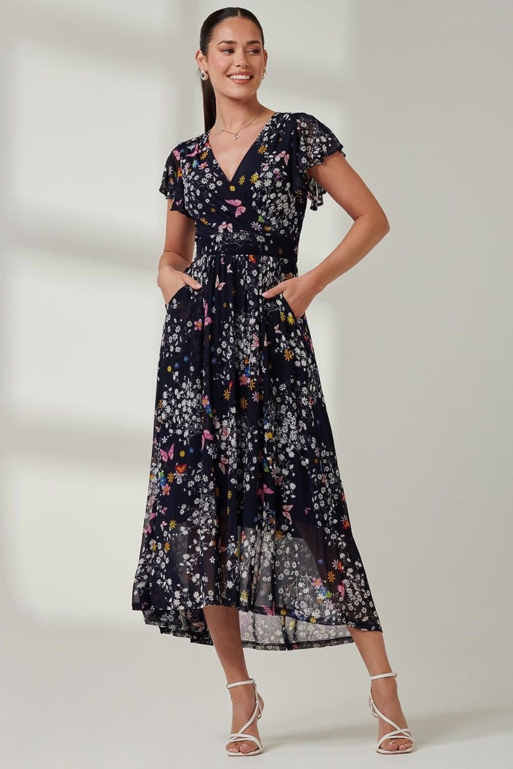 Jolie Moi Jolie Moi Women's Wrap Dip Hem Mesh Maxi Dress in Dark Navy - 4