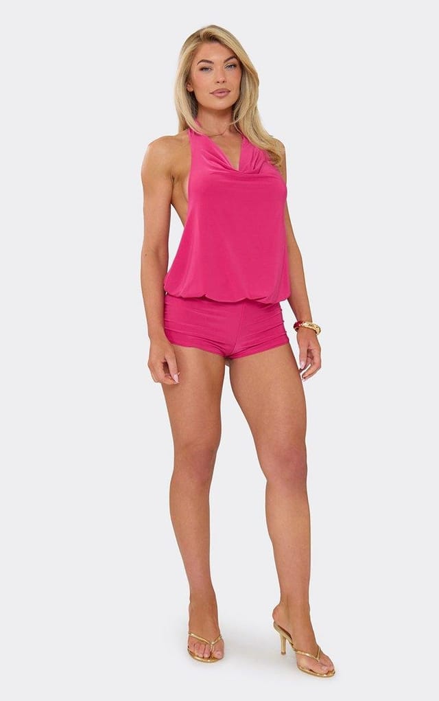 EGO Cowl Halterneck Backless Playsuit In Hot Pink, Women's Size UK 6 - 2