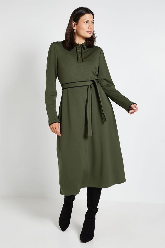 Wallis Wallis Women's Ponte Collar Contrast Midi Dress in Khaki - 2