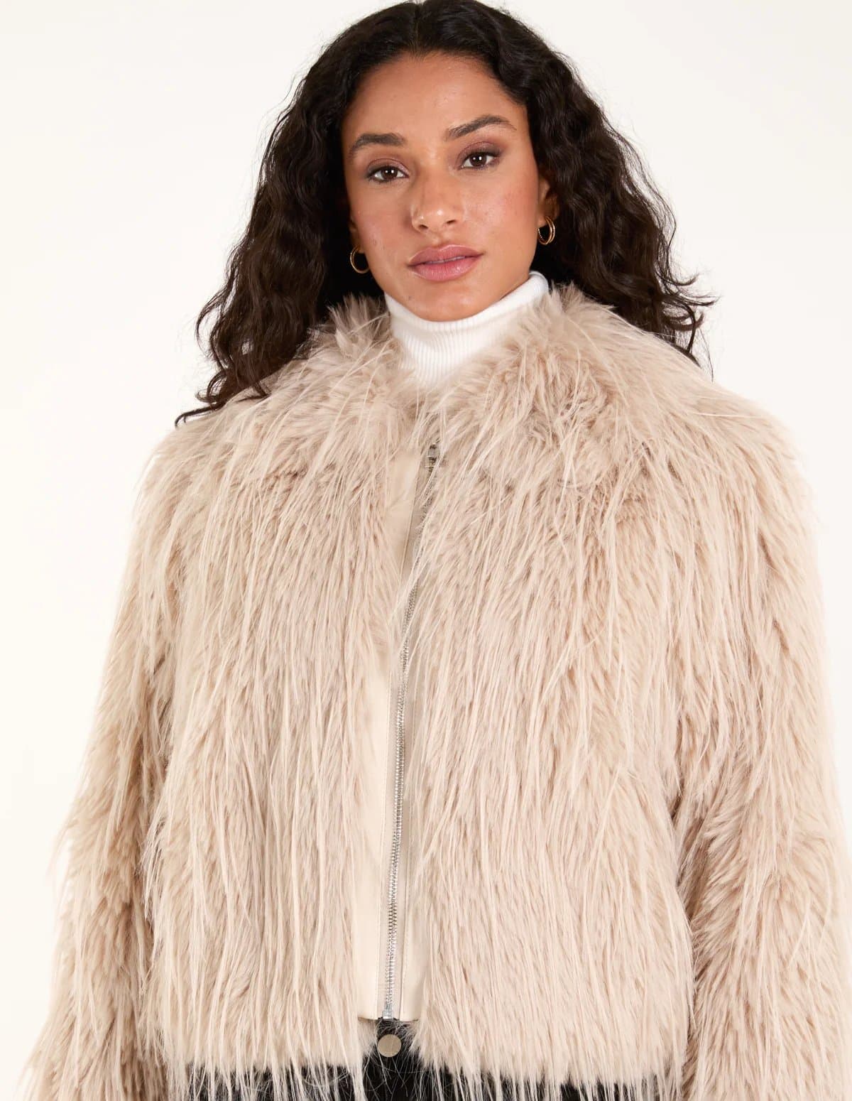Blue Vanilla Textured Faux Fur Collar Coat