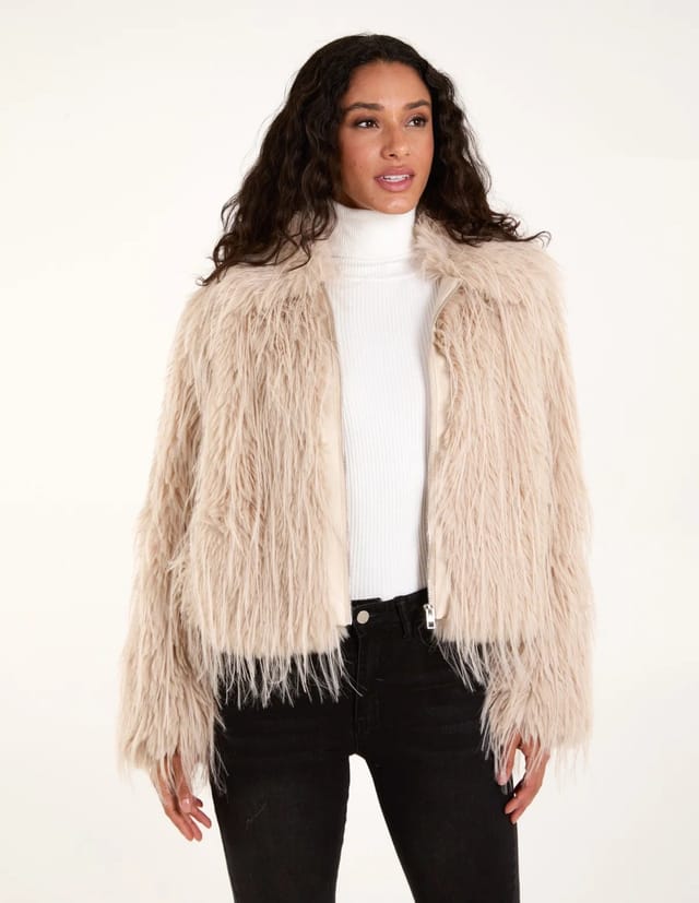 Blue Vanilla Textured Faux Fur Collar Coat - 2