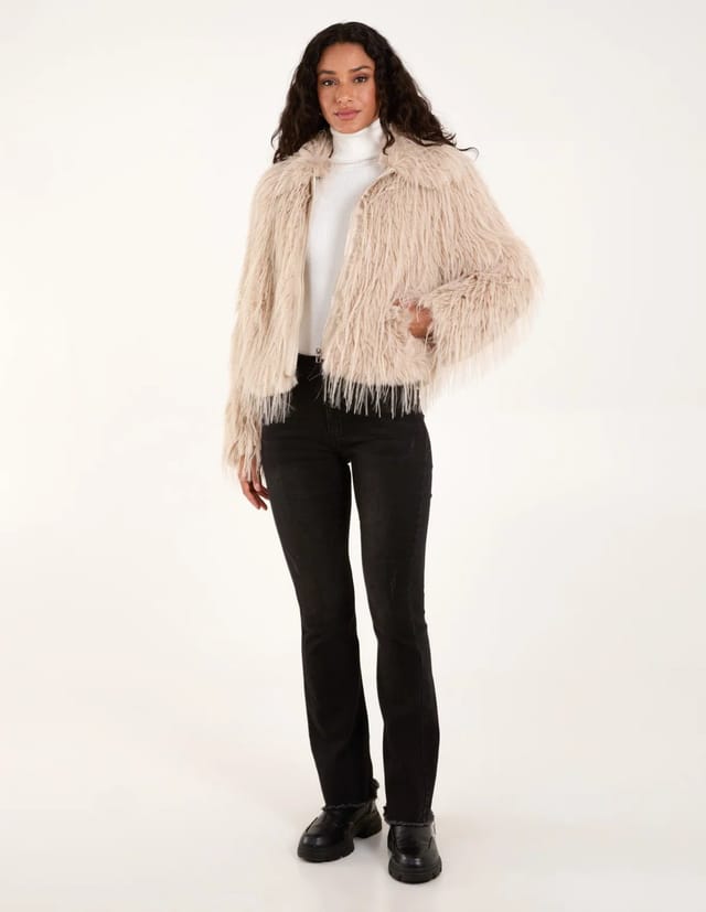Blue Vanilla Textured Faux Fur Collar Coat - 3