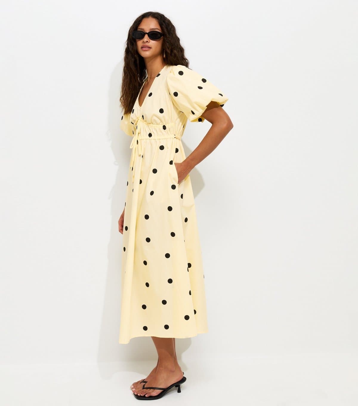 New Look Women's Yellow Polka Dot Puff Sleeve Midi Dress New Look