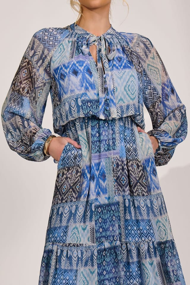 Jolie Moi Jolie Moi Women's Long Sleeve Chiffon Tiered Maxi Dress in Dark Blue - 3