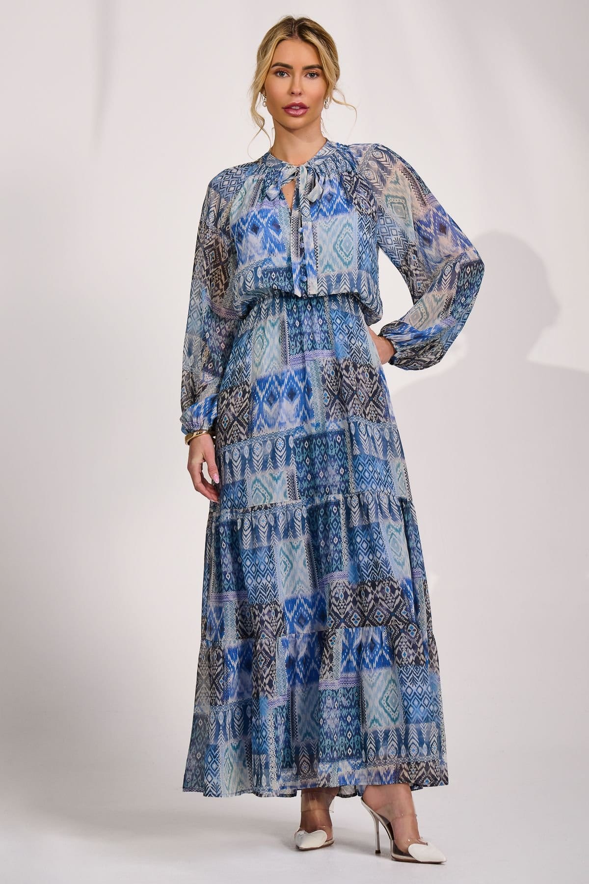 Jolie Moi Jolie Moi Women's Long Sleeve Chiffon Tiered Maxi Dress in Dark Blue - 4