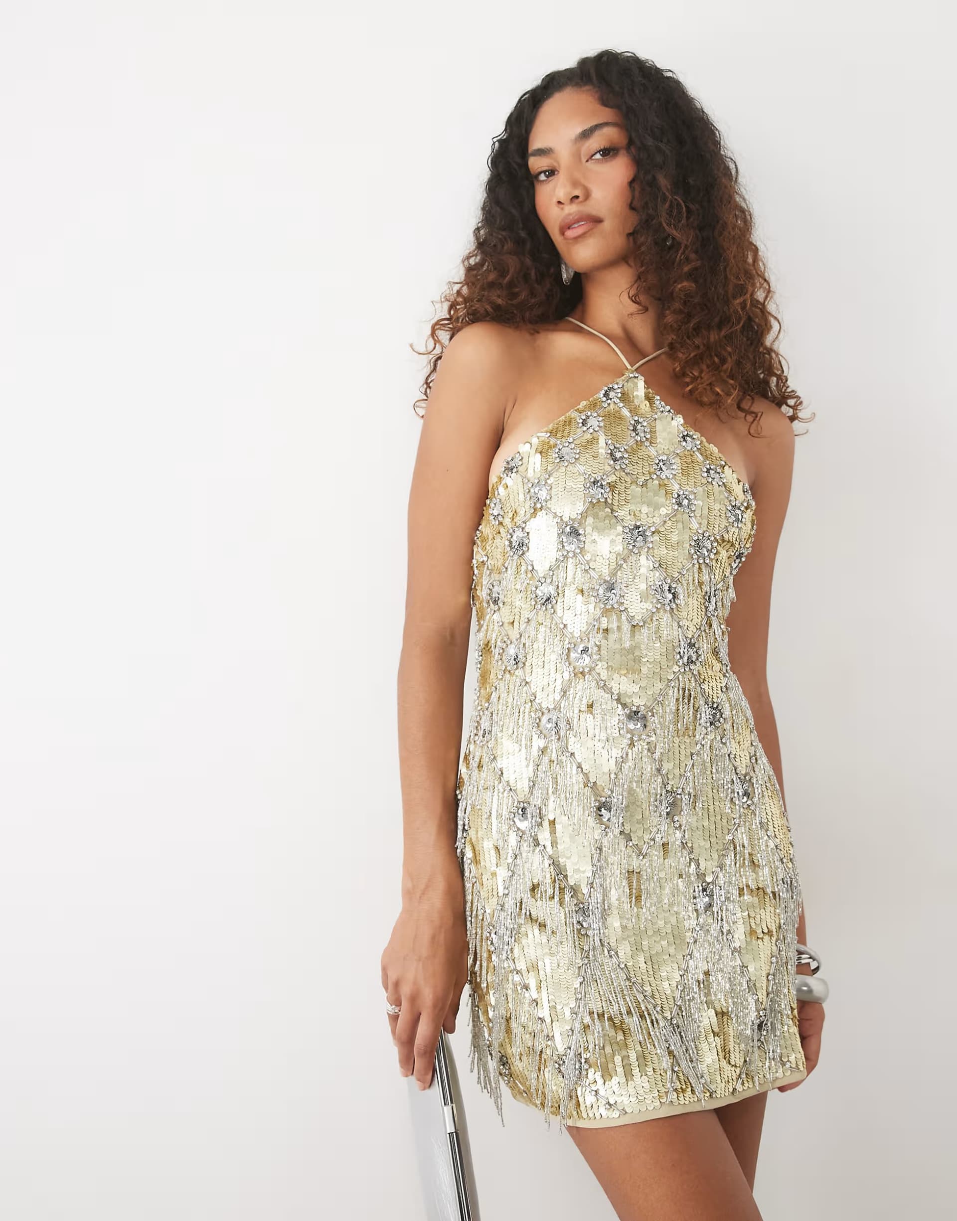 ASOS ASOS DESIGN Tall diamond fringe halter embellished sequin mini dress in gold