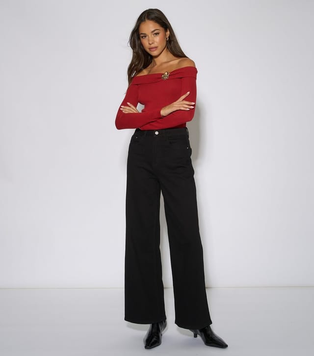 Gini London Women's Black Mid Rise Wide Leg Denim Jeans Gini London New Look - 3
