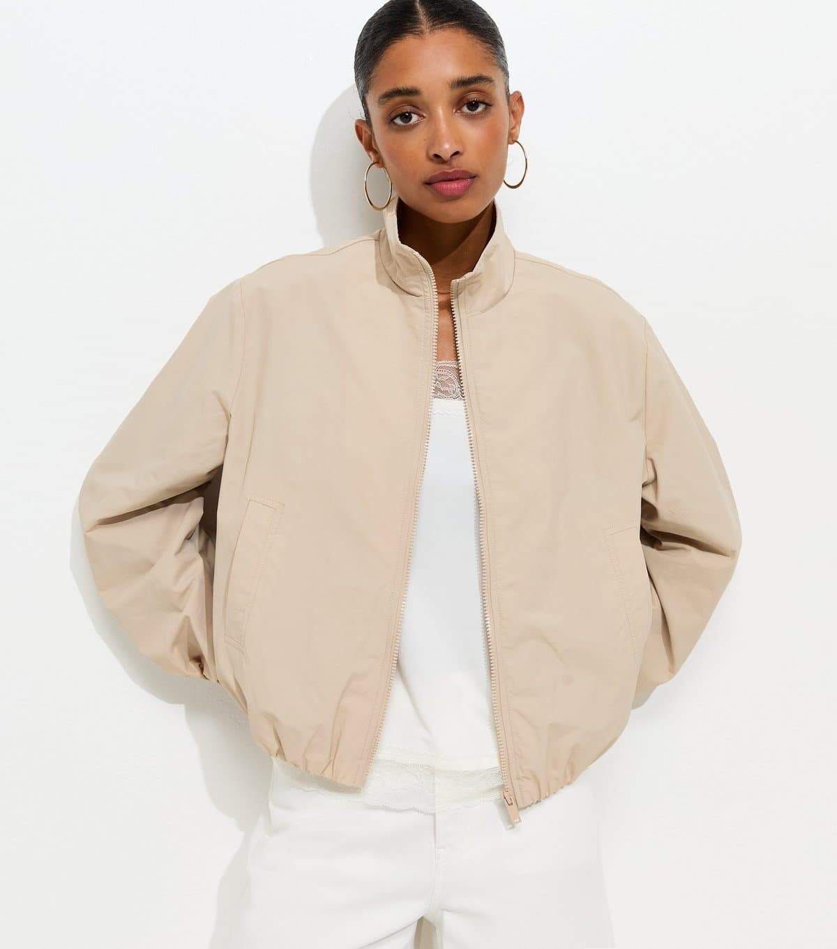 New Look Women's Stone Zip Through Funnel Windbreaker Jacket New Look