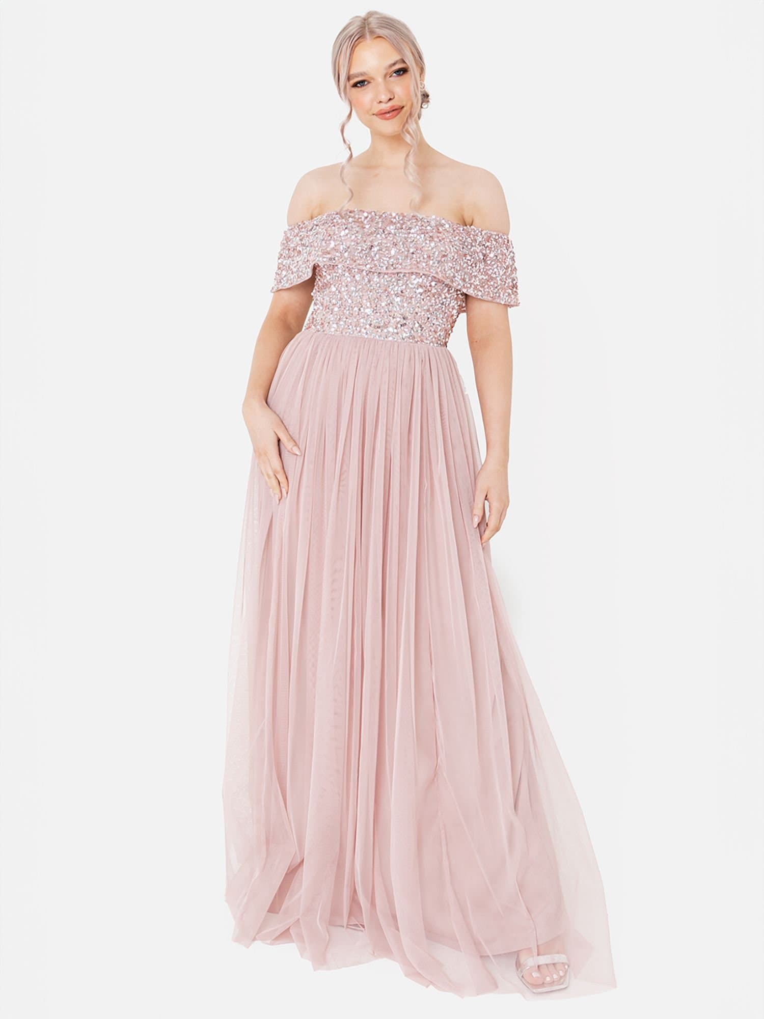 Maya Deluxe Maya Deluxe Women's Bardot Embellished Maxi Dress in Light Pink