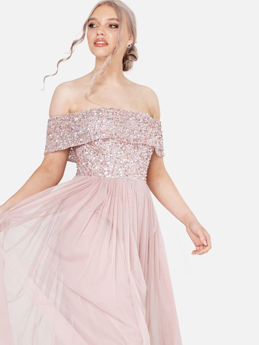 Maya Deluxe Maya Deluxe Women's Bardot Embellished Maxi Dress in Light Pink - 4