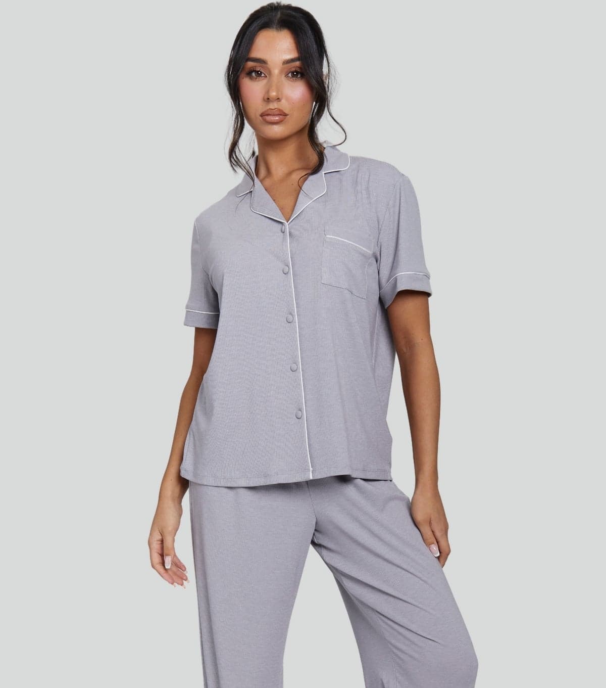 Loungeable Women's Grey Ribbed Short Sleeve Shirt and Trousers Pyjama Set Loungeable New Look