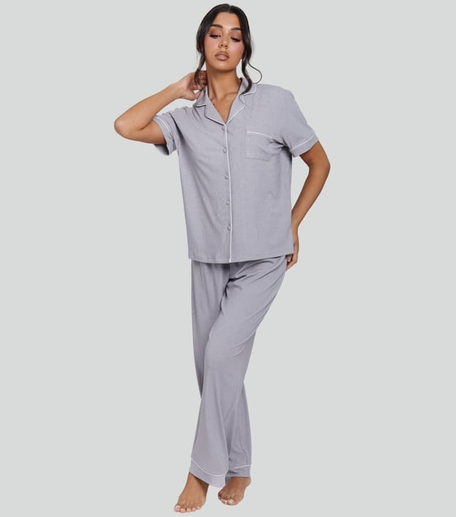 Loungeable Women's Grey Ribbed Short Sleeve Shirt and Trousers Pyjama Set Loungeable New Look - 2