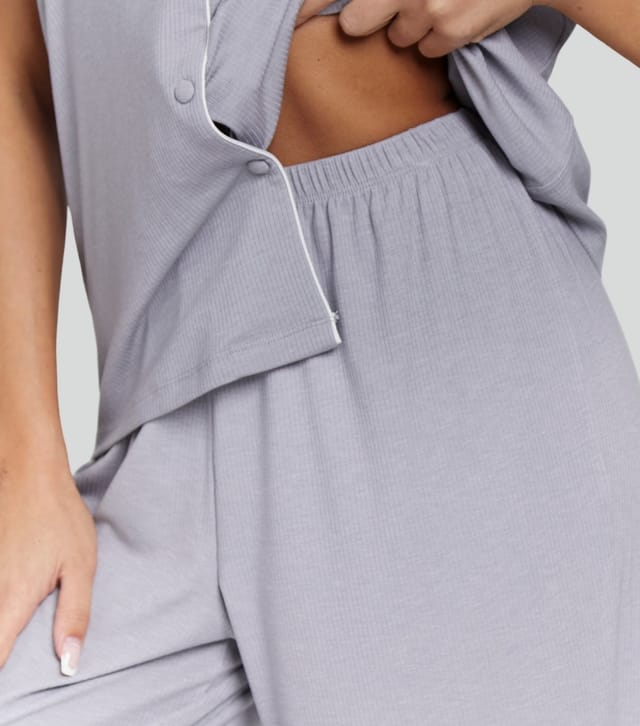 Loungeable Women's Grey Ribbed Short Sleeve Shirt and Trousers Pyjama Set Loungeable New Look - 3