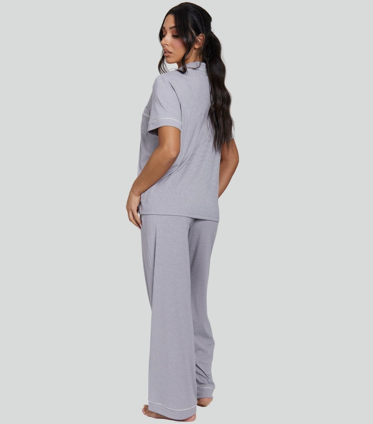 Loungeable Women's Grey Ribbed Short Sleeve Shirt and Trousers Pyjama Set Loungeable New Look - 4