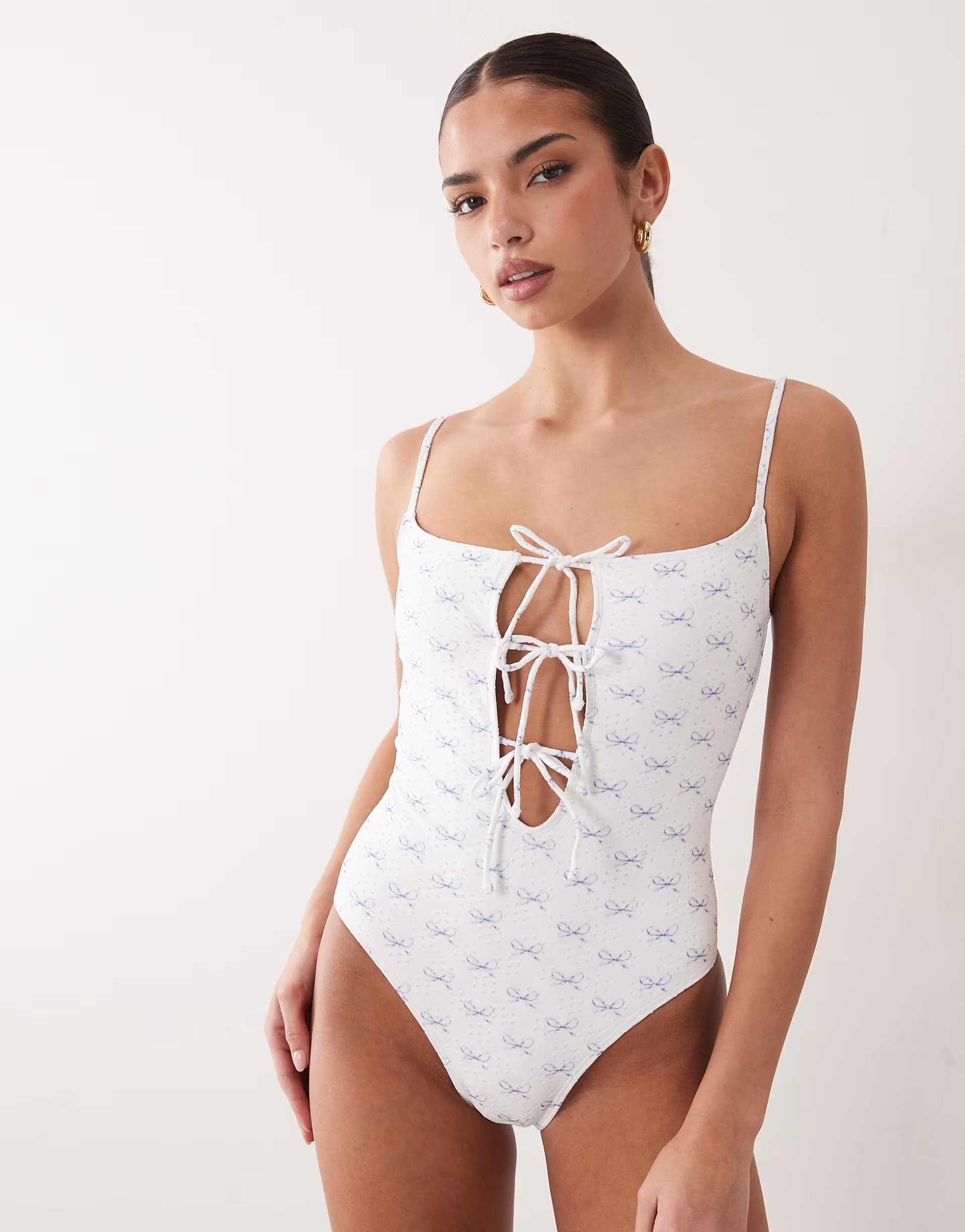 ASOS South Beach broderie tie swimsuit with bow detail in white