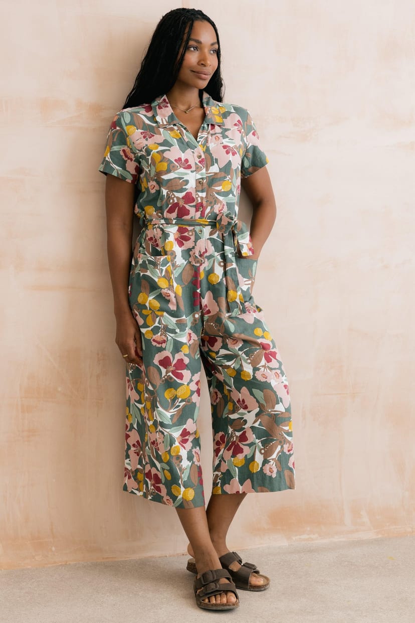 Lily & Me Lily & Me Women's Josie Linen Blend Cropped Jumpsuit in Green - 1