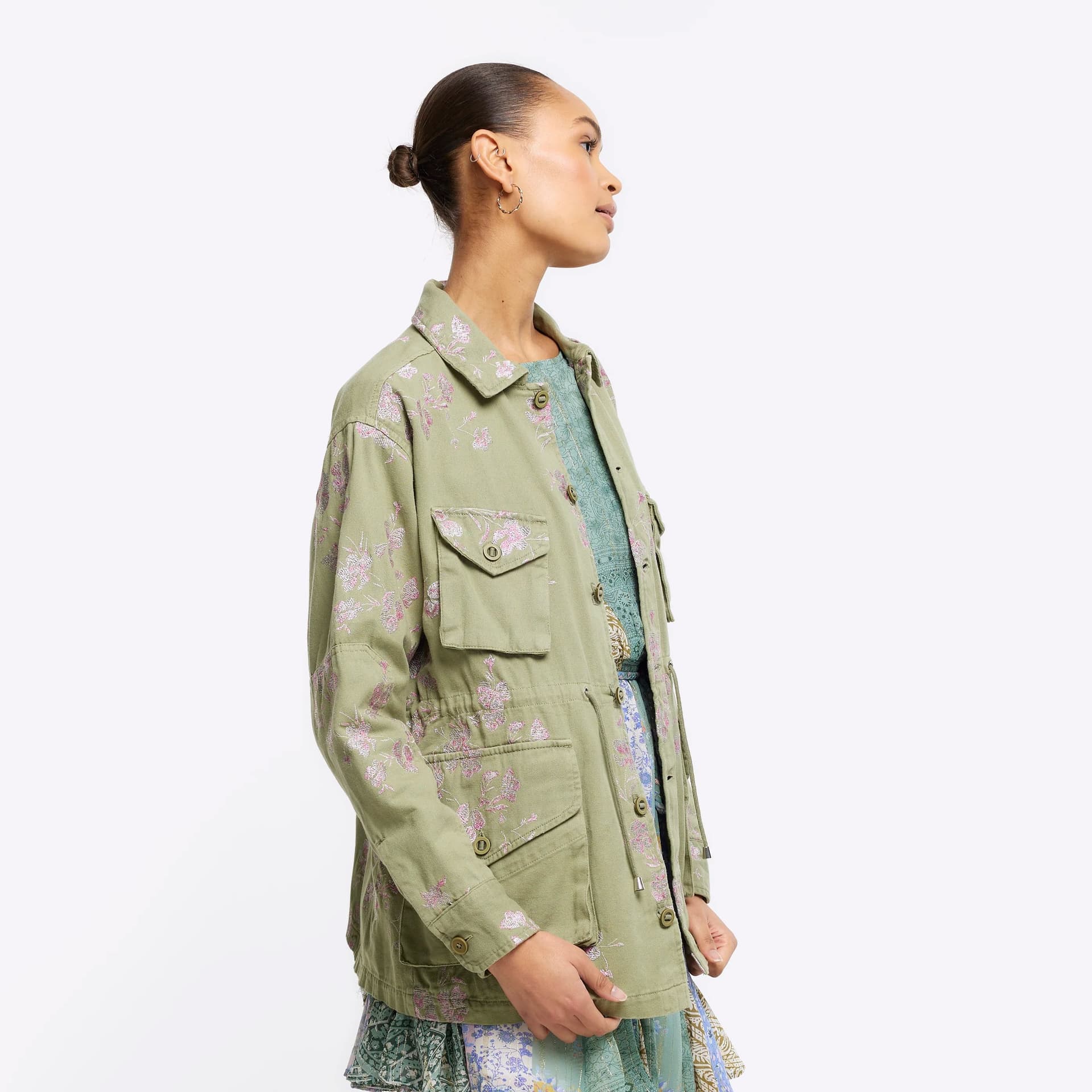 River Island River Island Womens Khaki Embroidered Floral Utility Shacket
