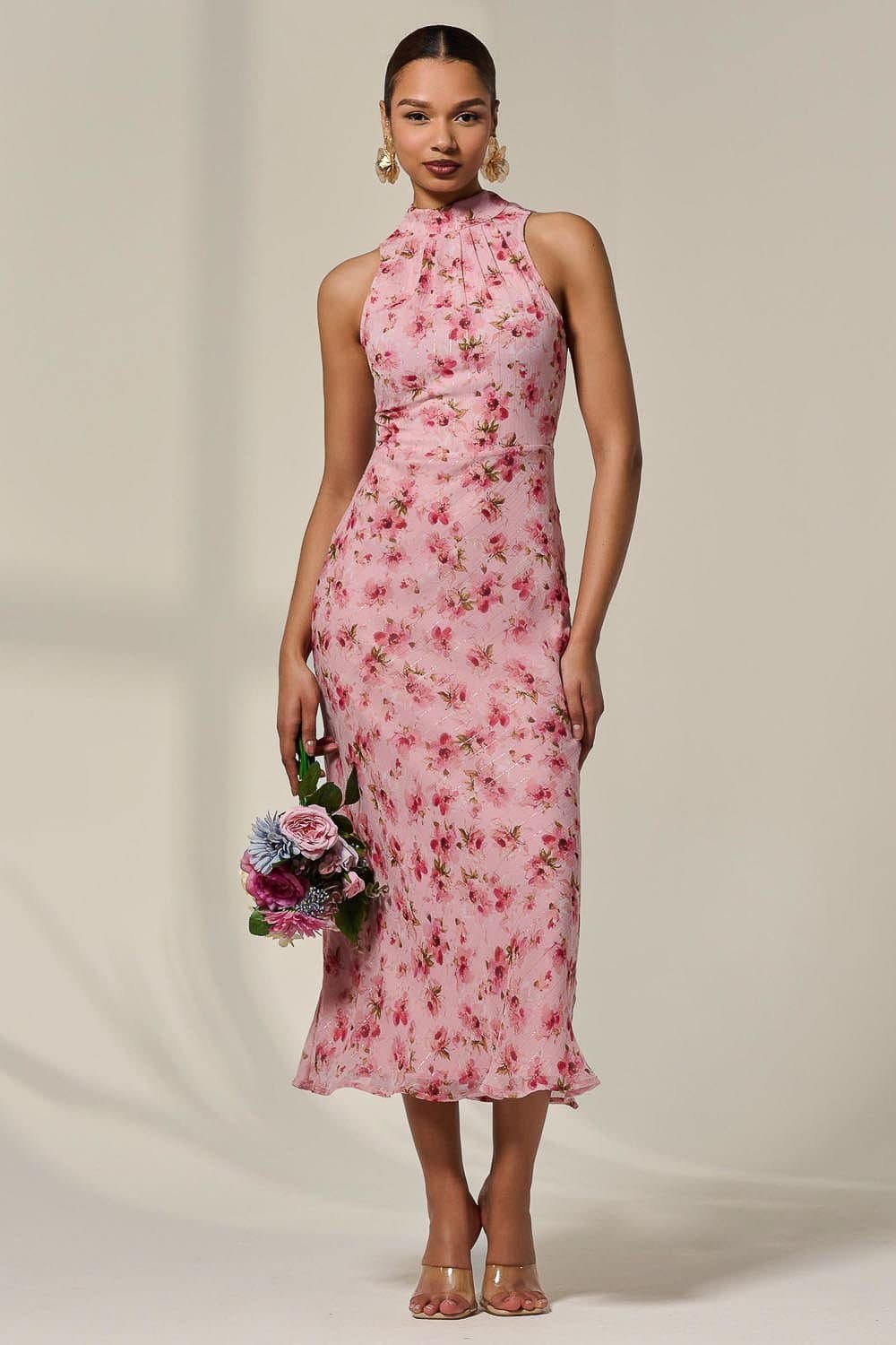 Jolie Moi Jolie Moi Women's Chiffon Halterneck Printed Midaxi Dress in Pale Pink