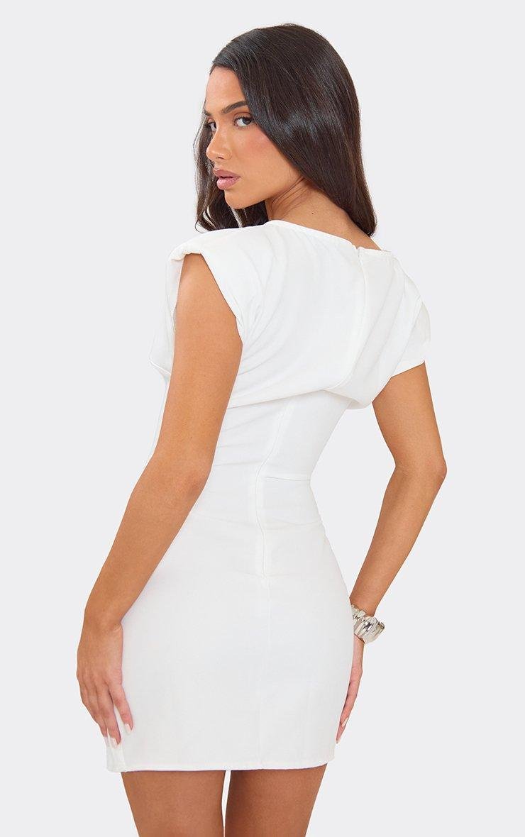 EGO Short Sleeve Shoulder Pad Cowl Front Mini Dress In Cream, Women's Size UK 6 - 2