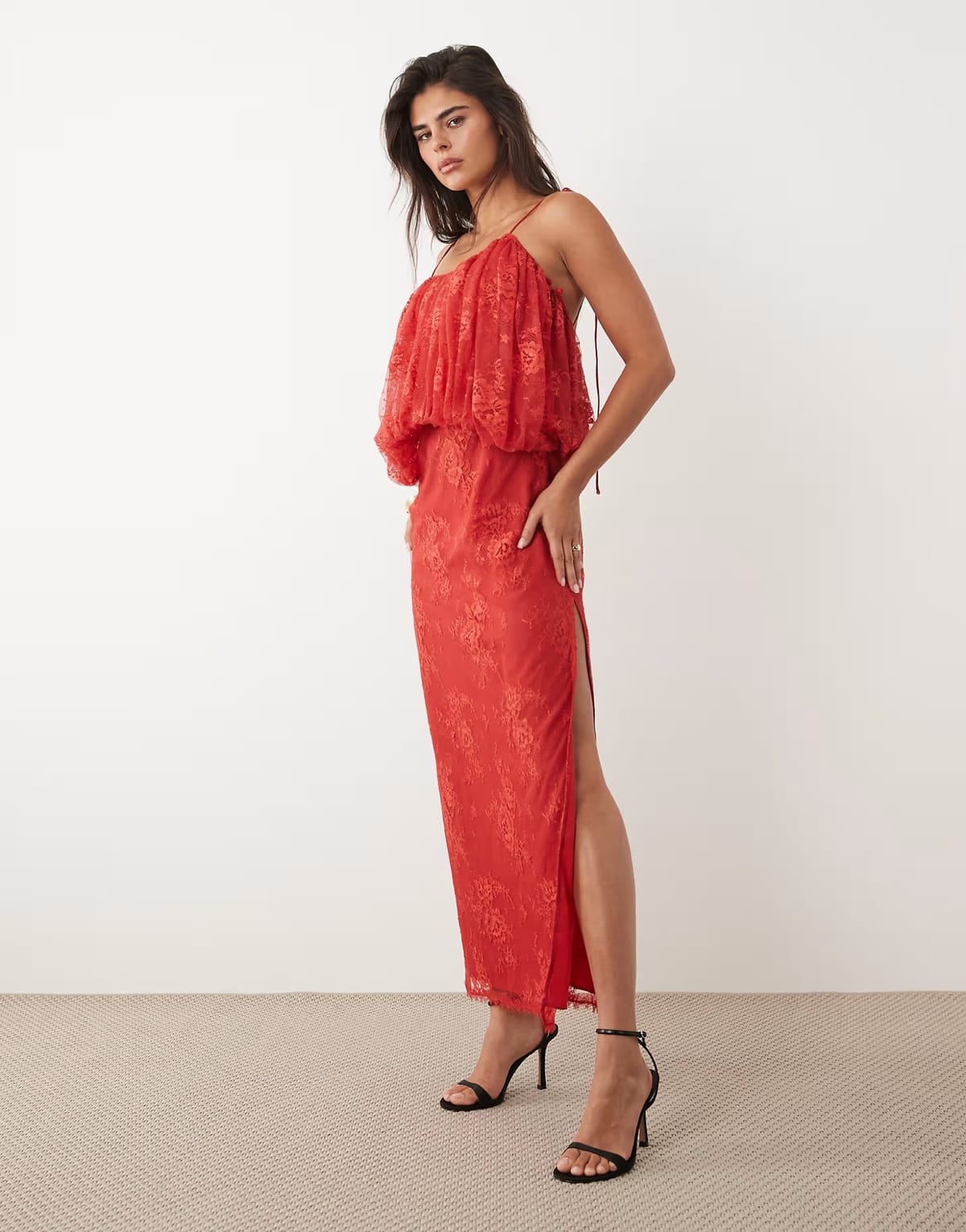 ASOS ASOS DESIGN lace column dress with bubble tier midaxi dress in deep red - 1
