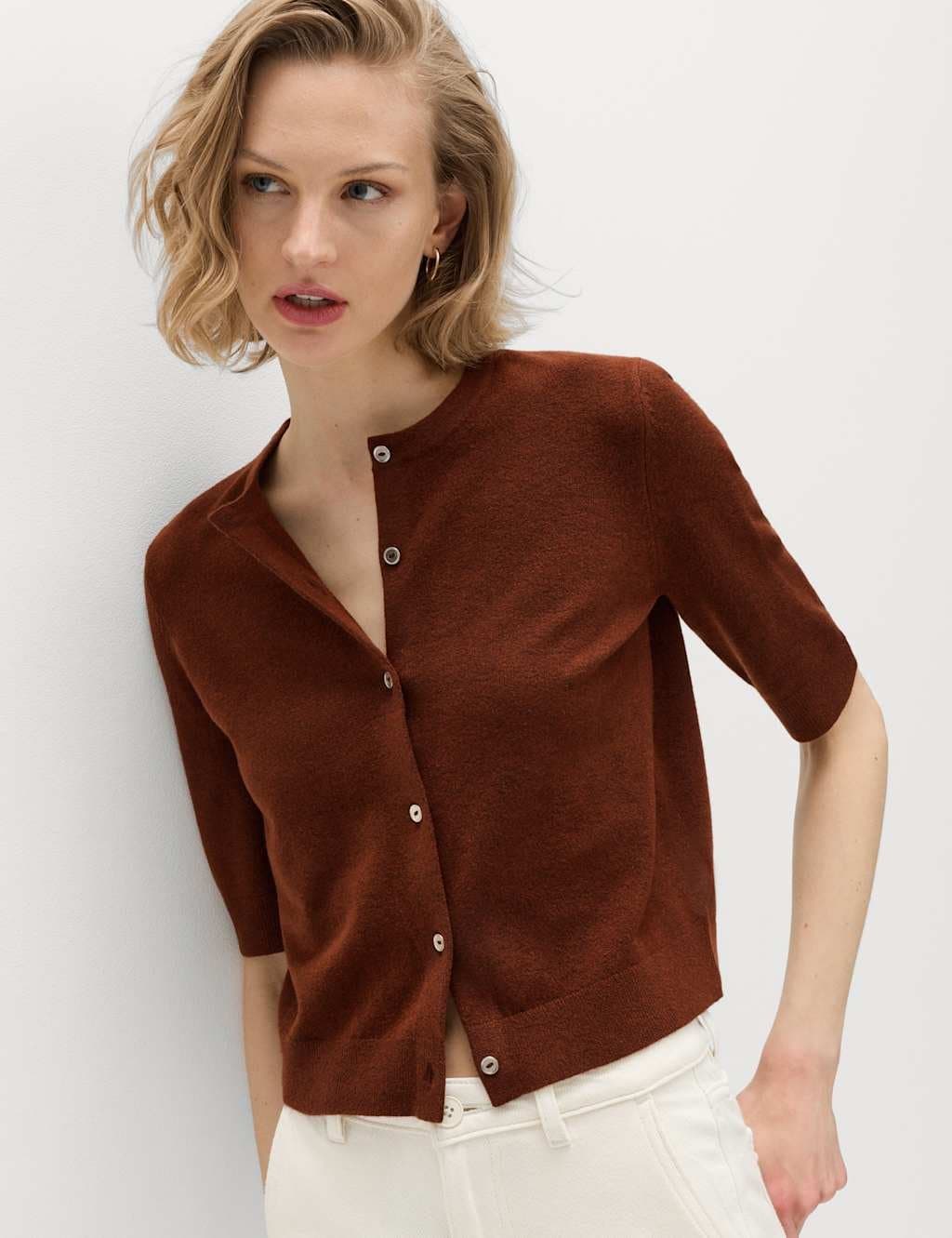 Marks & Spencer M&S Air-Yarn Button Front Short Sleeve Cropped Cardigan Redwood