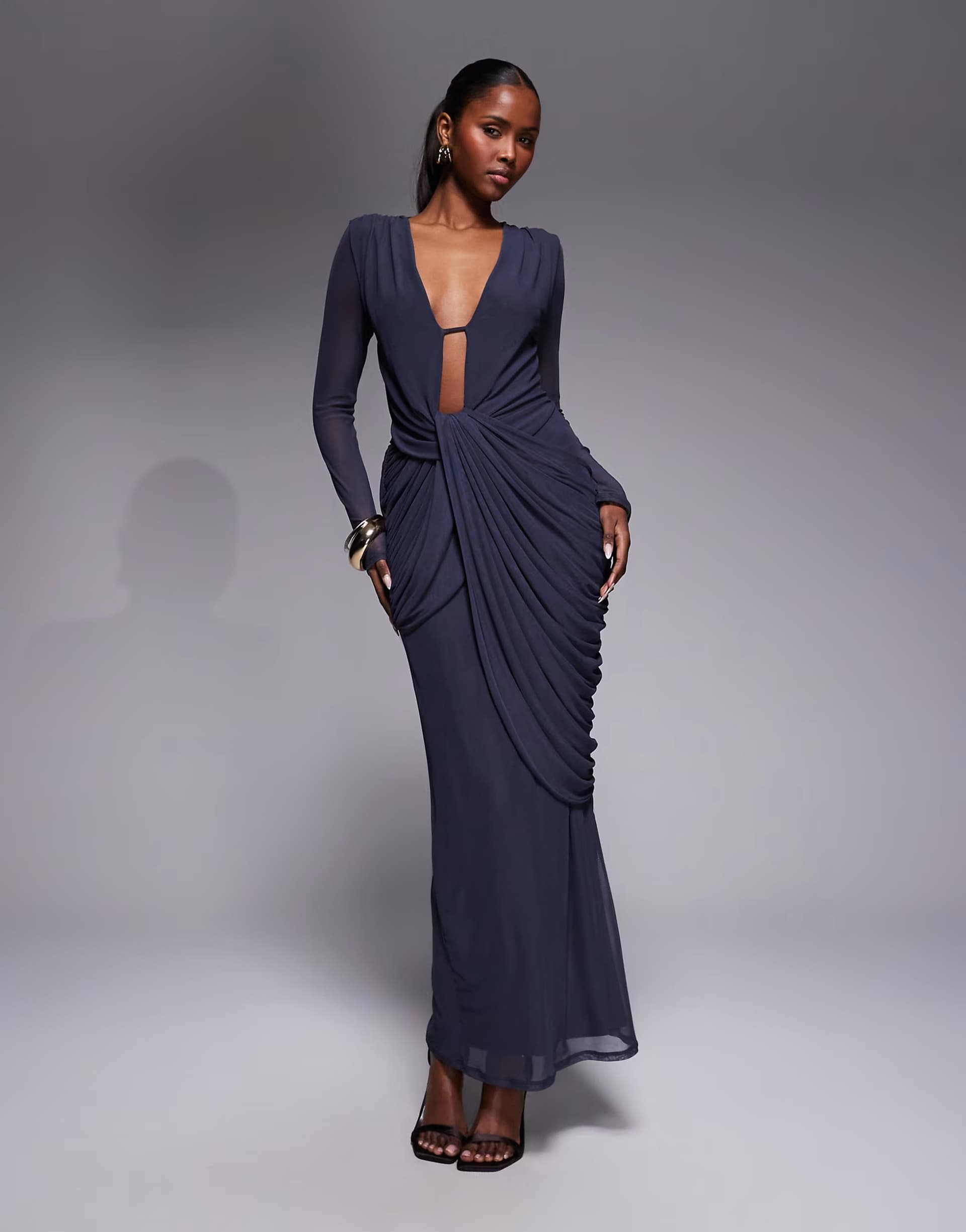 ASOS ASOS DESIGN mesh deep plunge long sleeve midi dress with draping in grey