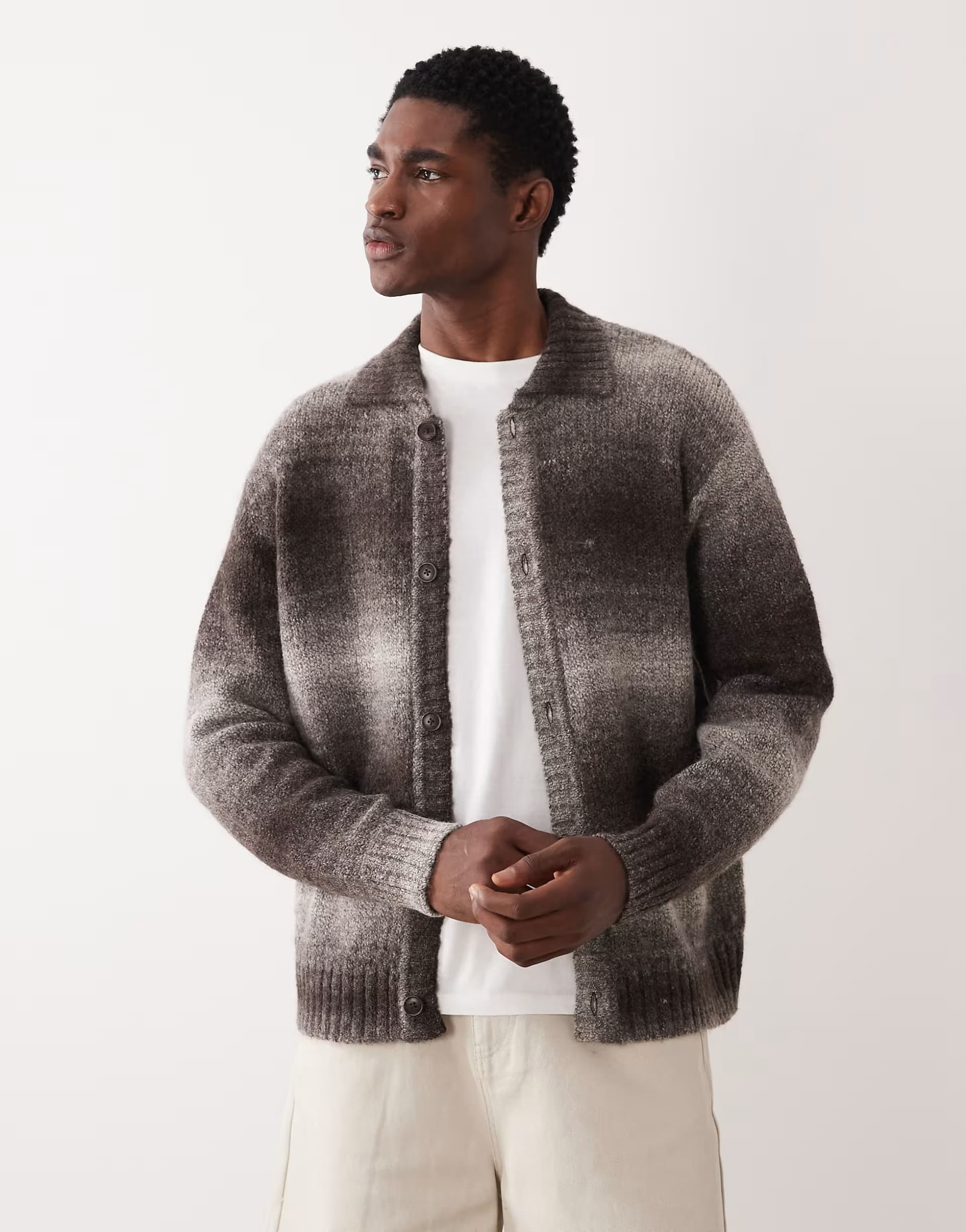 ASOS Selected wool blend polo neck cardigan in brown ombre